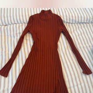 Reformation Rust Ribbed Long Sleeve Dress